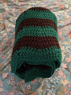 Vintage Handmade Chevron Afghan Throw Green Brown 1970s 66”x120”